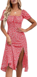 SPRIME Women's Floral Summer Casual Dress Square Neck Puff Sleeve Midi