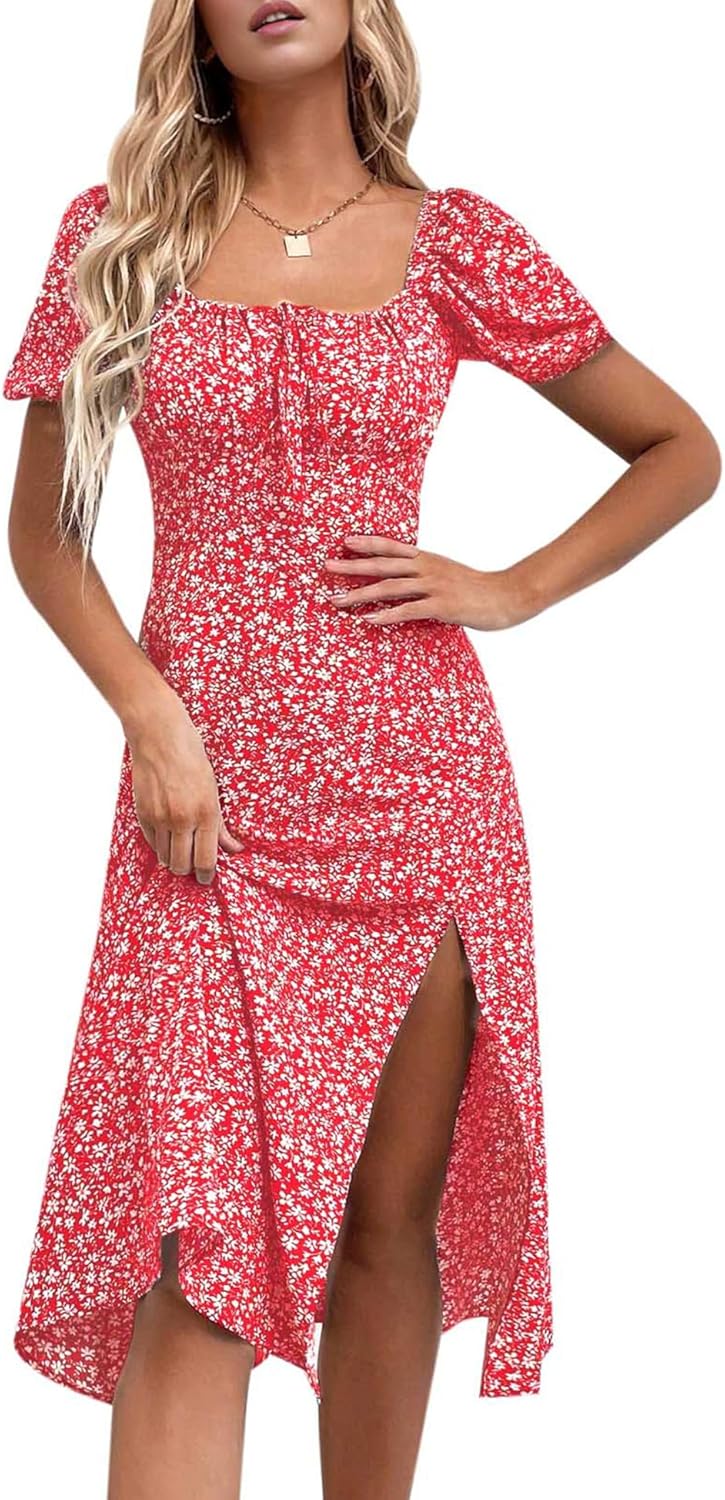 Floral Summer Casual Dress with Puff Sleeves and Split Design