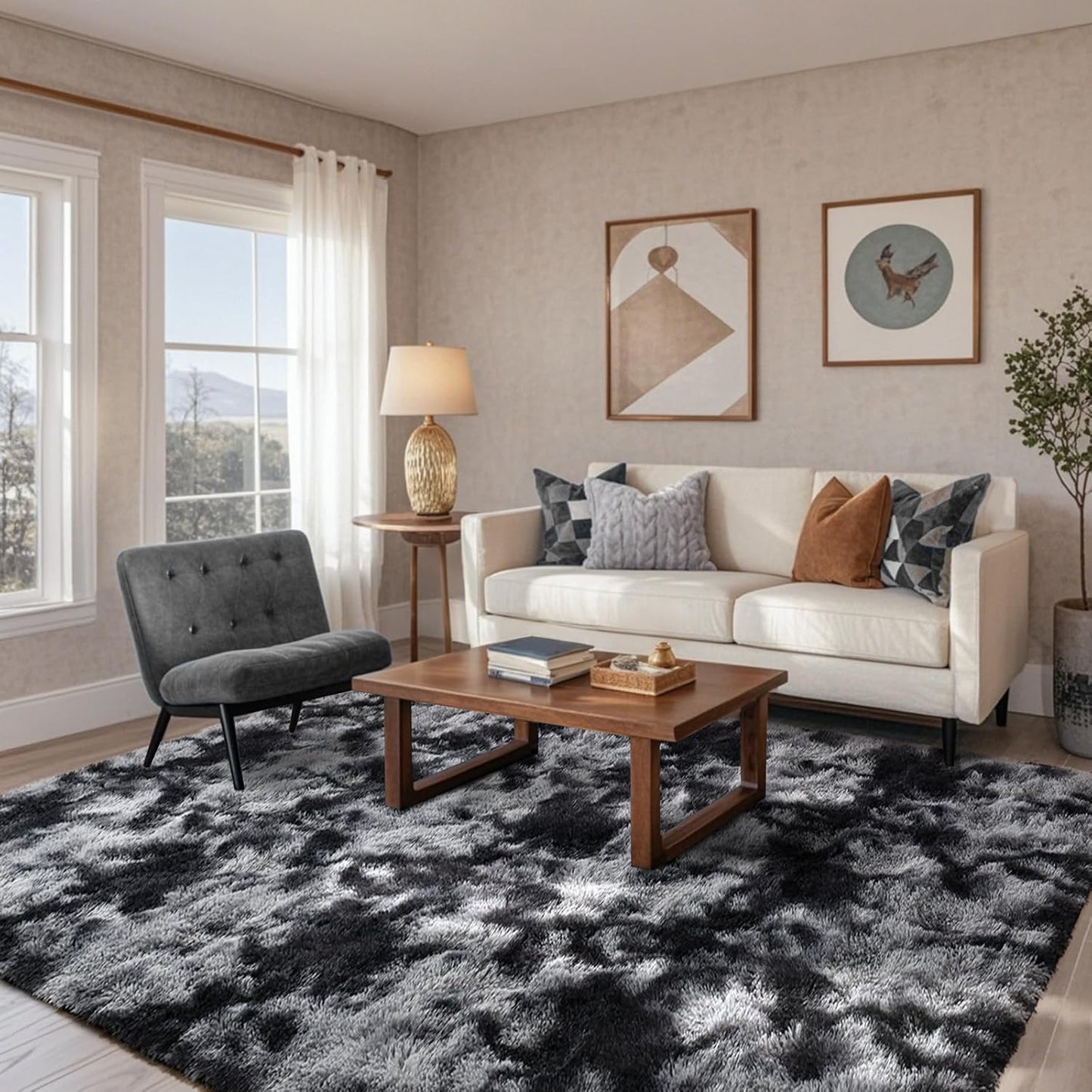 5x7 Black Grey Rugs for Living Room Fluffy Area Rug Review