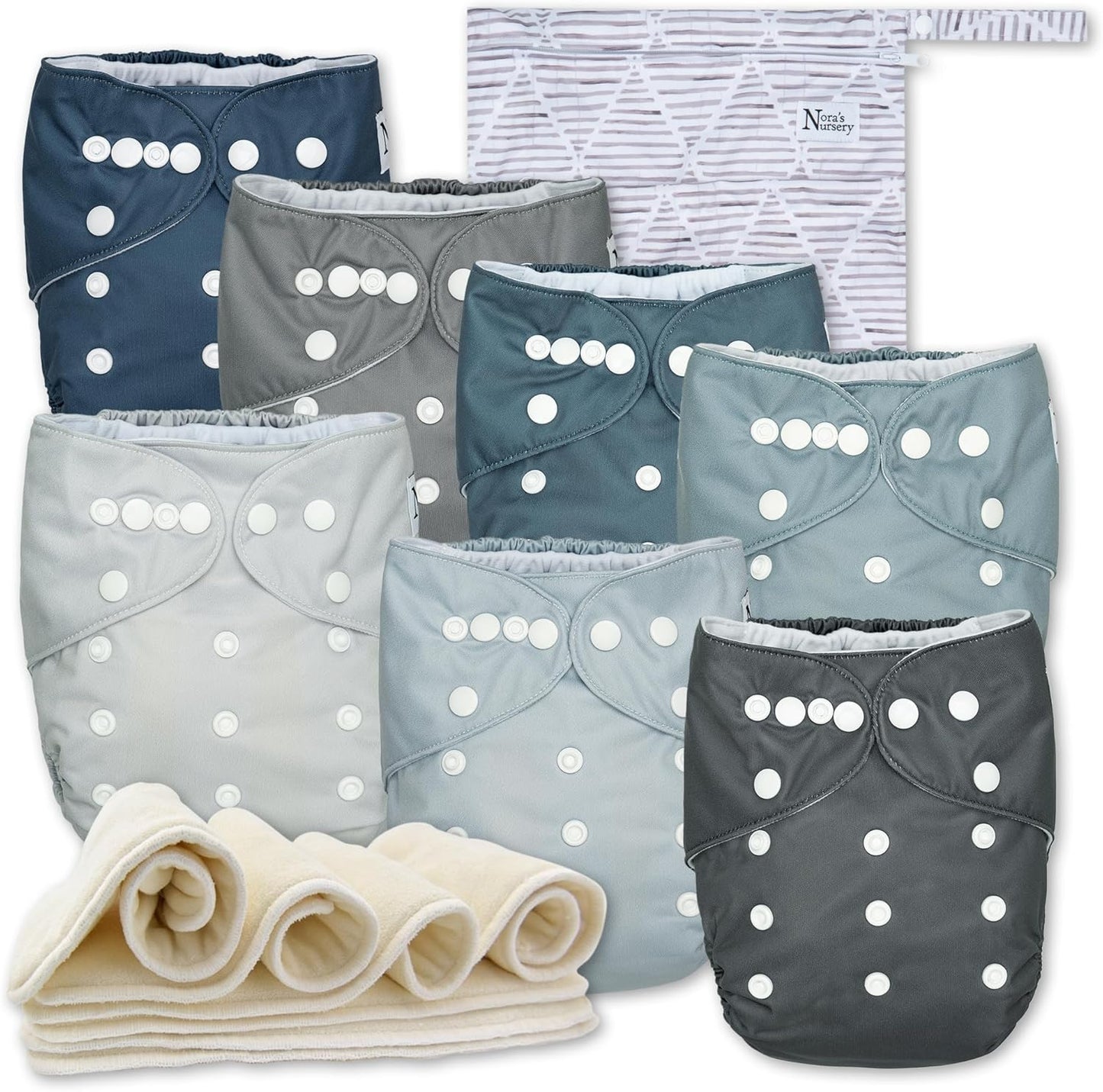 Nora's Nursery Cloth Diapers 7 Pack with Inserts & Wet Bag