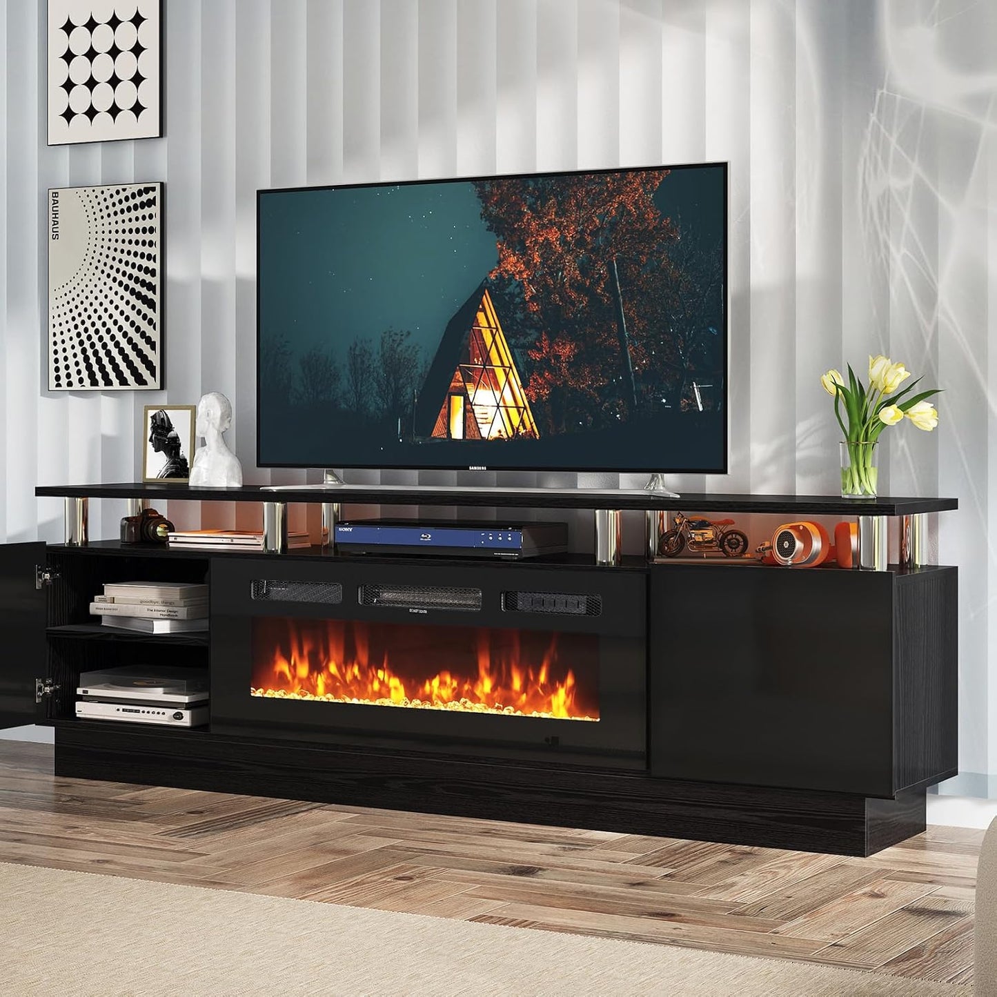 80 Black Fireplace TV Stand, LED Lights, Storage - Breezestival