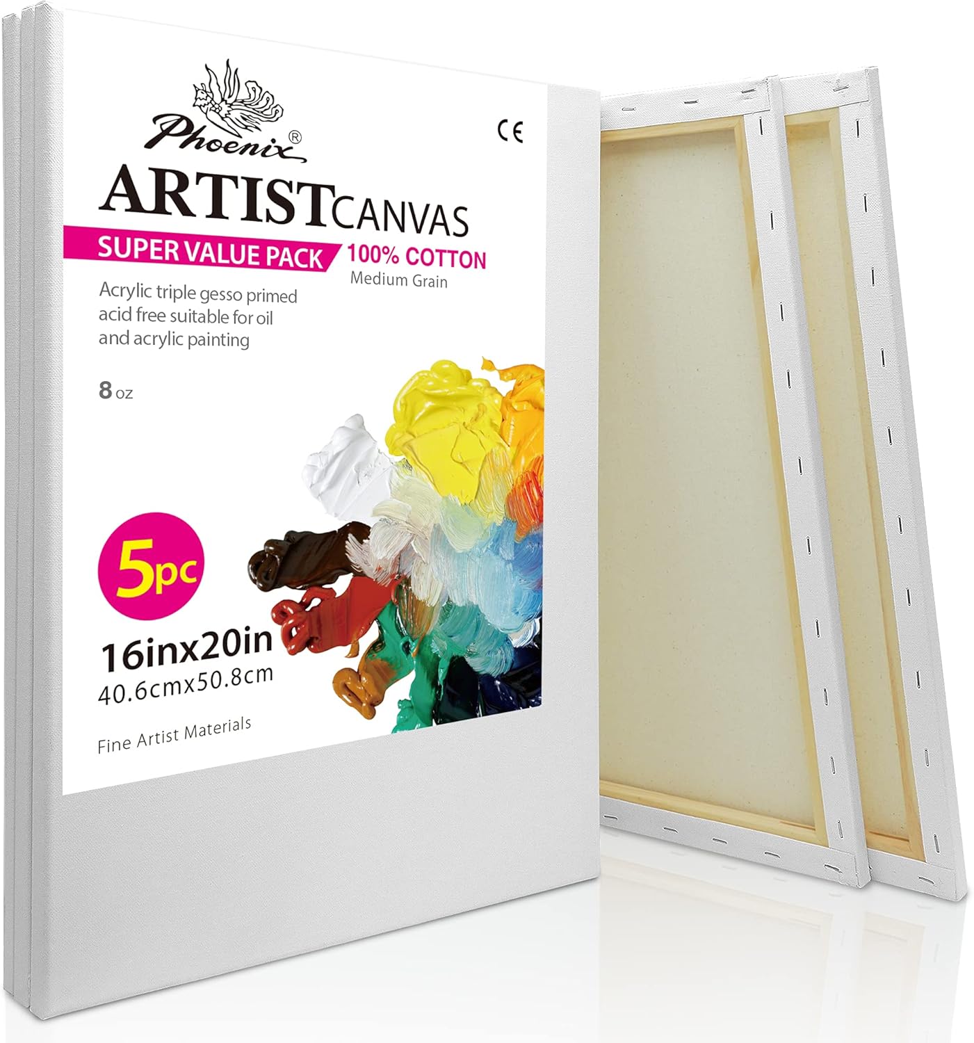 PHOENIX Stretched Canvas for Painting 16x20 Inch Value Pack