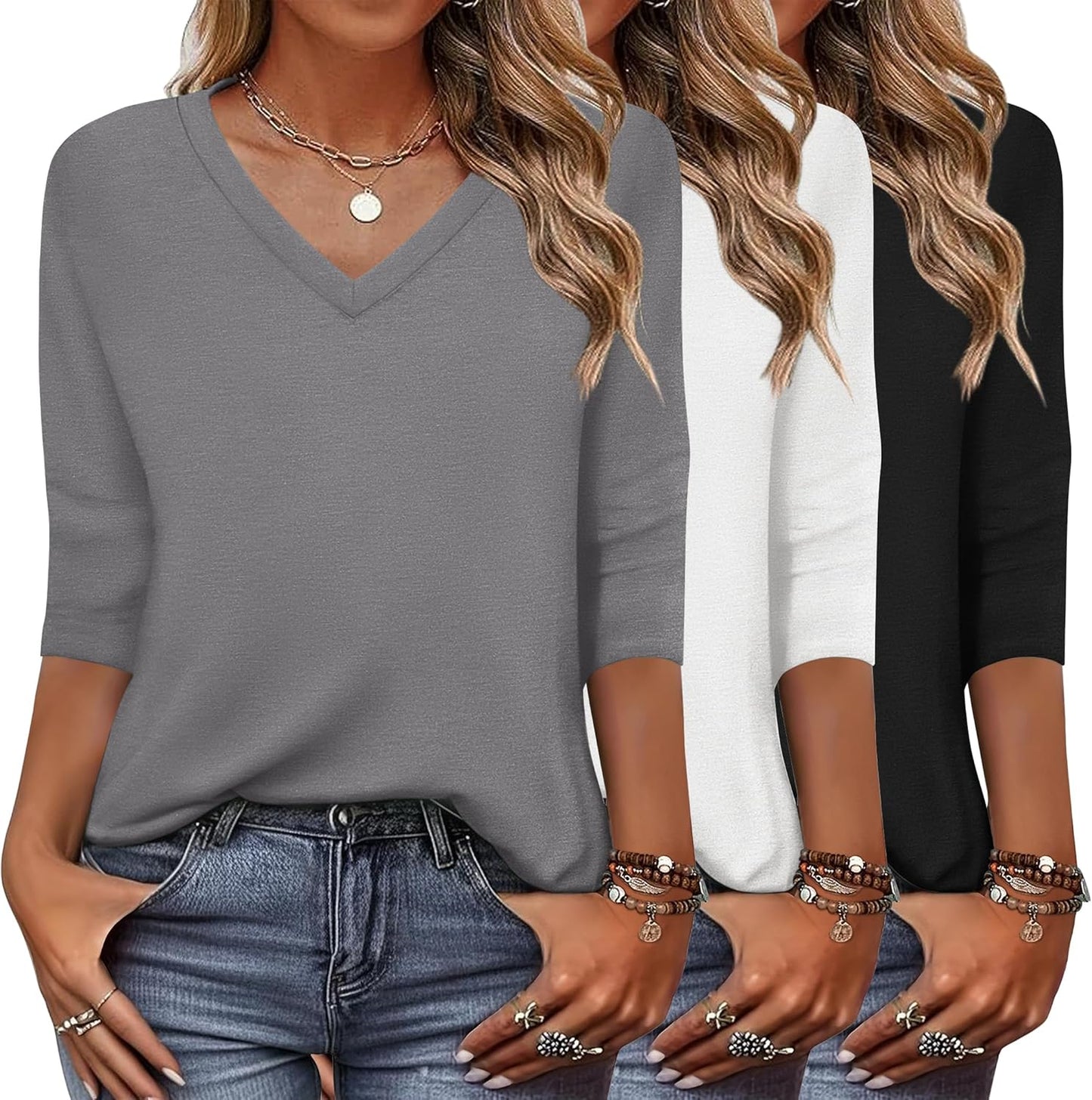 Zeagoo Women's 3/4 Sleeve V Neck T Shirts for Casual Outfits