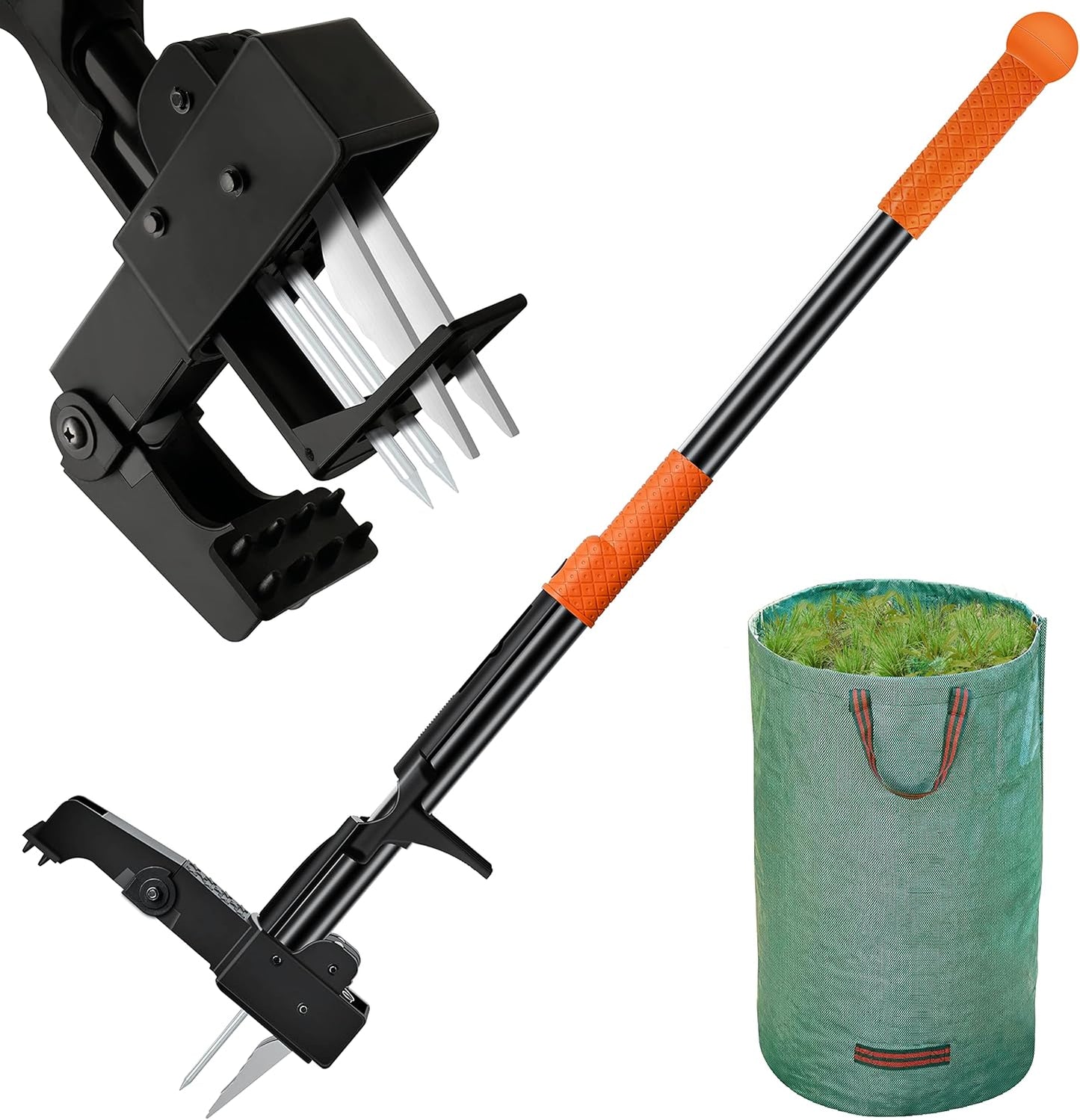 Stand-Up Weed Puller Tool with 4 Claws and Leaf Bag
