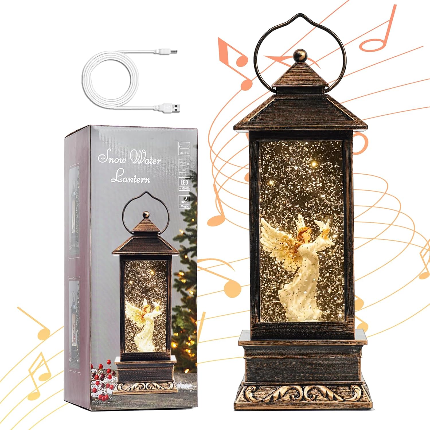 12 Inch Christmas Snow Globe Lantern with Angel and Dove Decor