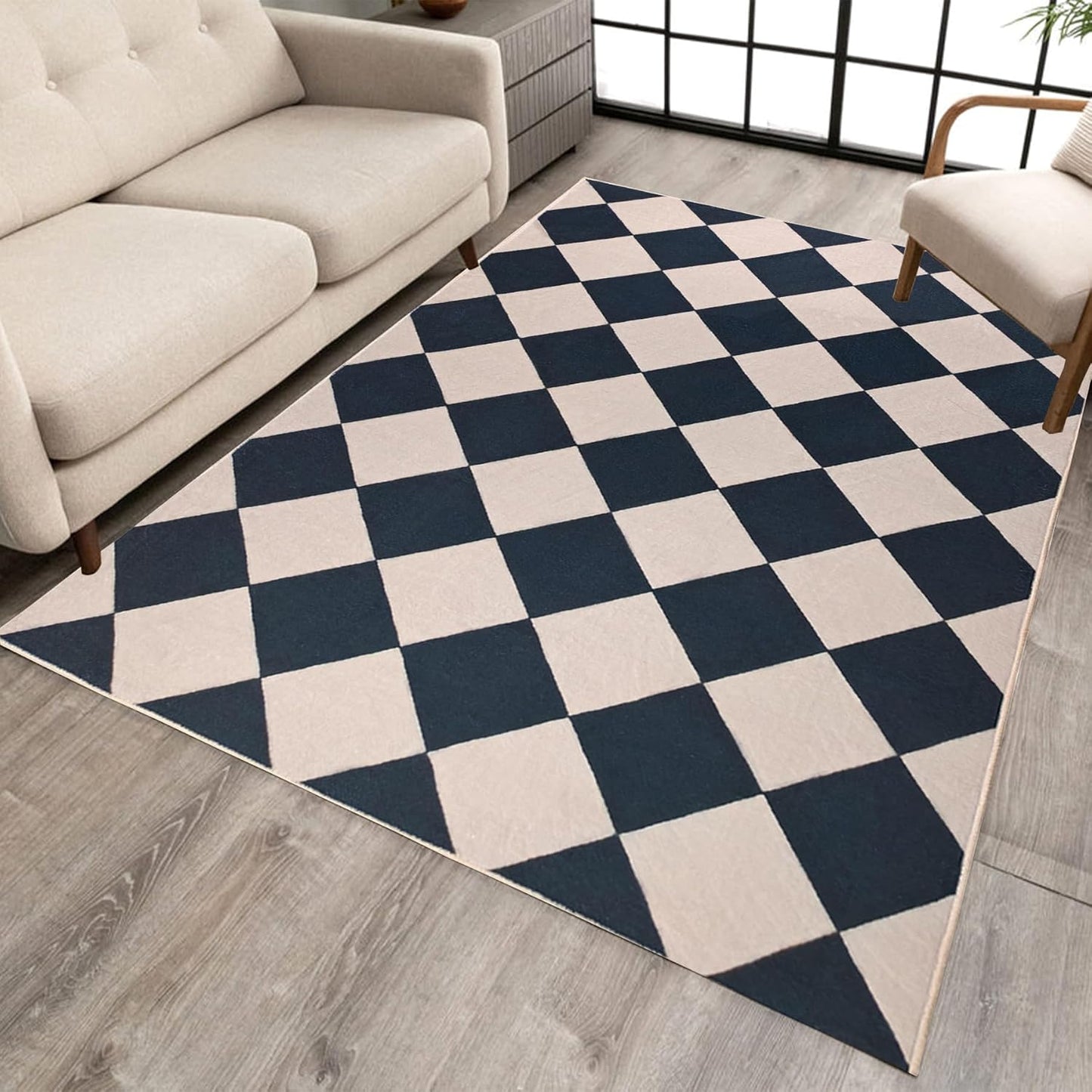 Checkered Area Rug 5x7 Black Washable Non-Slip Modern Design