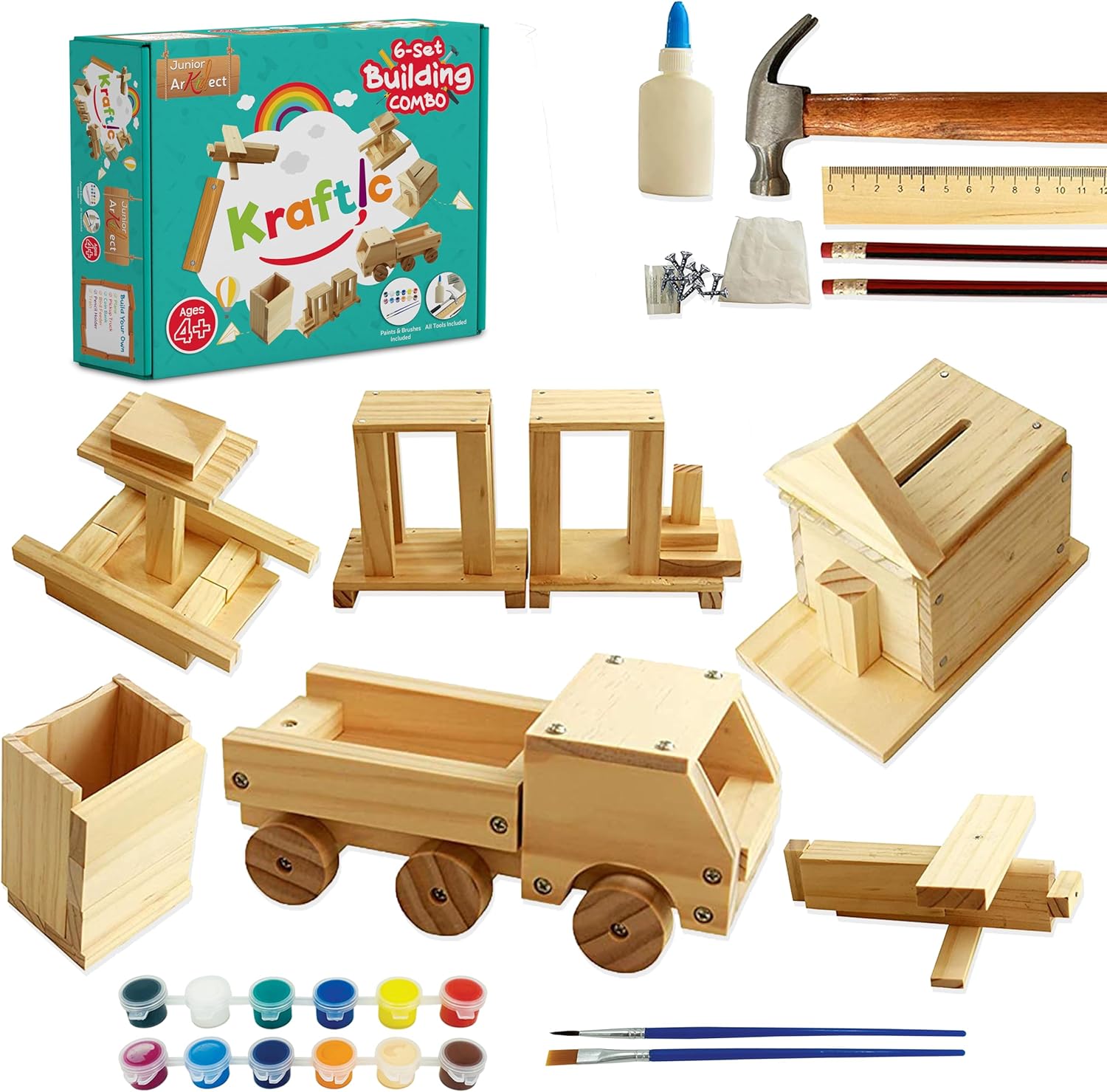 Kraftic Woodworking Building Kit for Kids and Adults - 6 Projects