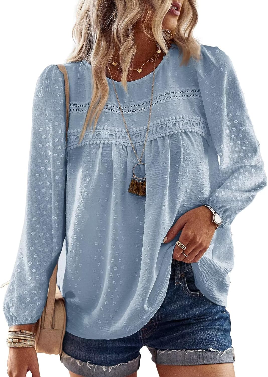 Womens Fall Tops Crewneck Long Sleeve Casual Chiffon Blouses