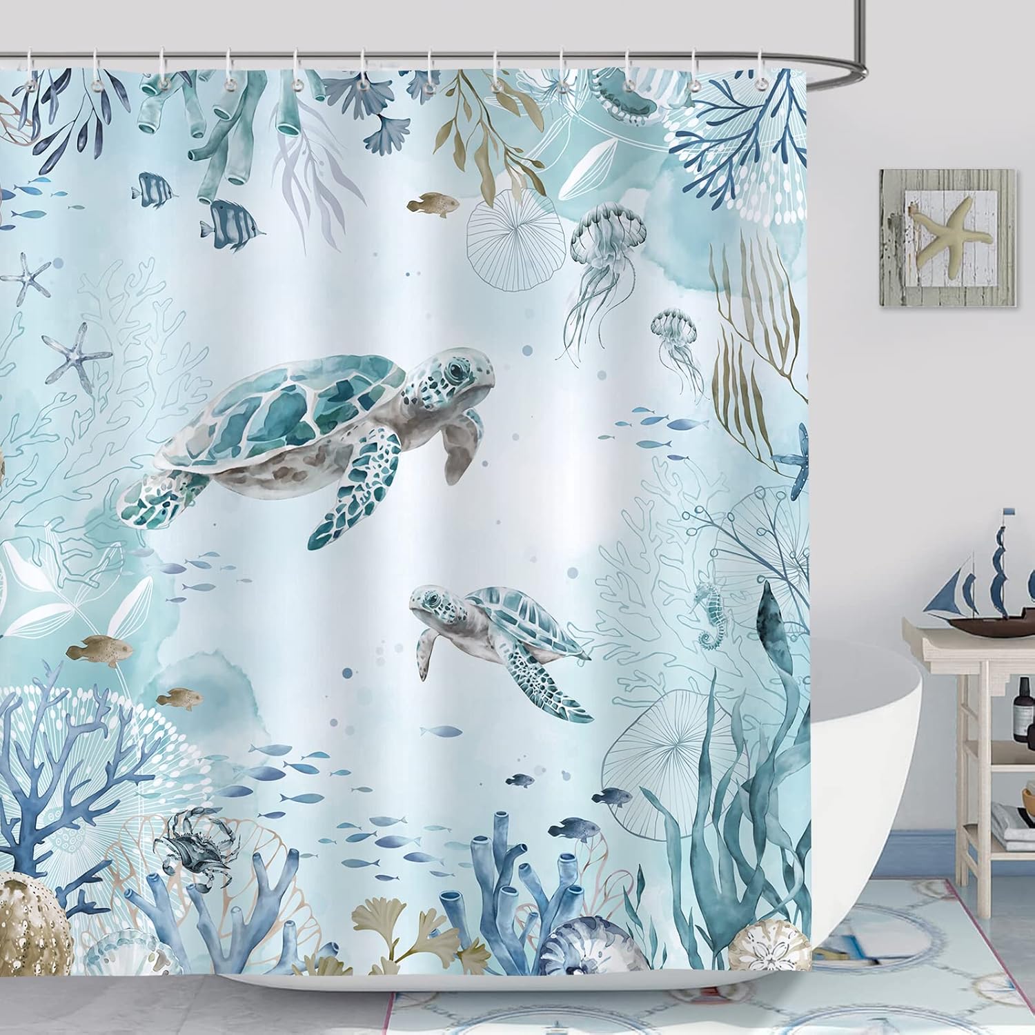 Teal Blue Sea Turtle Shower Curtain - Waterproof 72x72