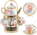 Porcelain Tea Set 20 Pcs with Metal Holder and Spoon - Romantic Floral