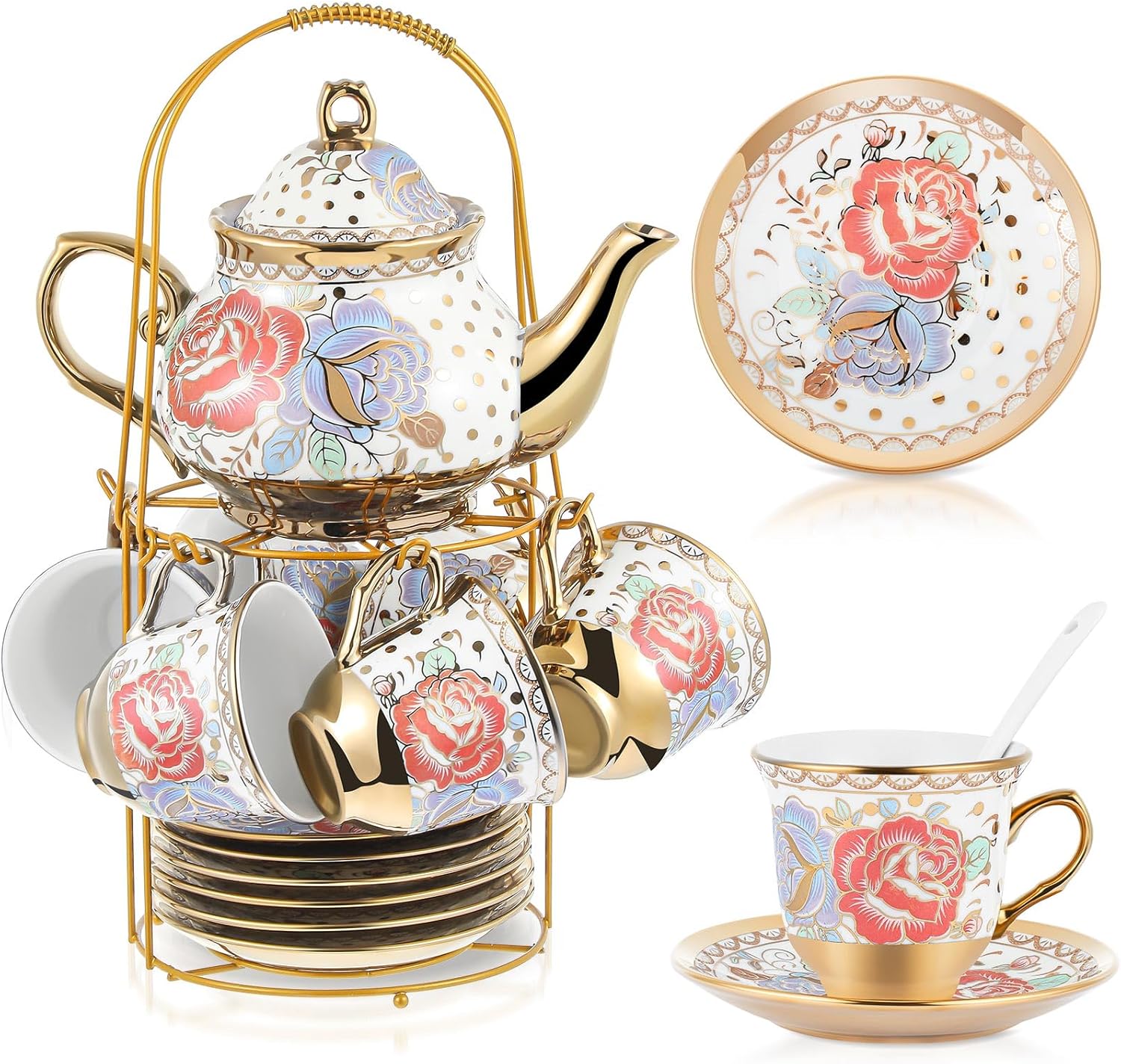 Zhehao 20 Pcs Porcelain Tea Set with Metal Holder and Spoon