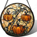Stained Glass Window Hanging Halloween Pumpkin Vine Leaves Suncatcher