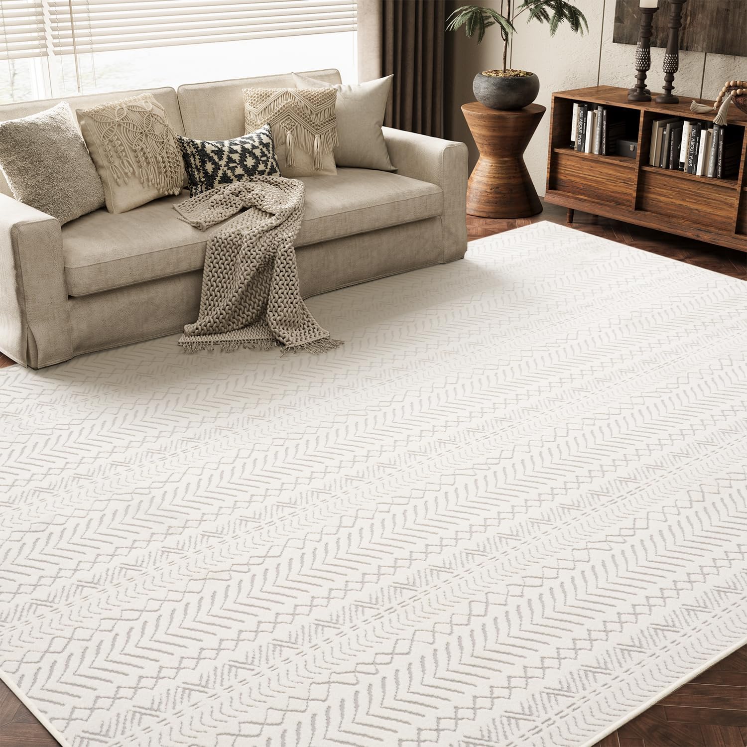 Boho Cream Area Rugs 5x7 - Washable Non Slip Floor Rug