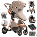 3 in 1 Baby Stroller Travel System Khaki - Reversible Bassinet Combo
