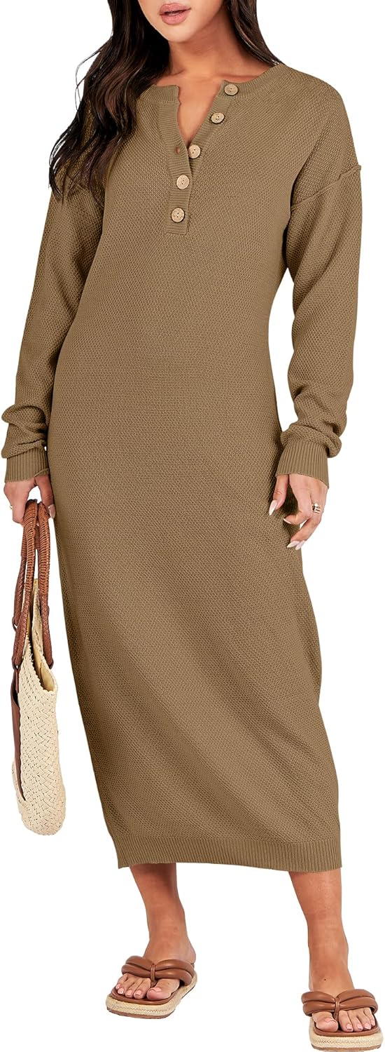 ANRABESS Women Long Sleeve V Neck Oversized Midi Sweater Dress