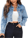 Cropped Denim Jean Jacket with Raw Hem - Stylish Layering Pick