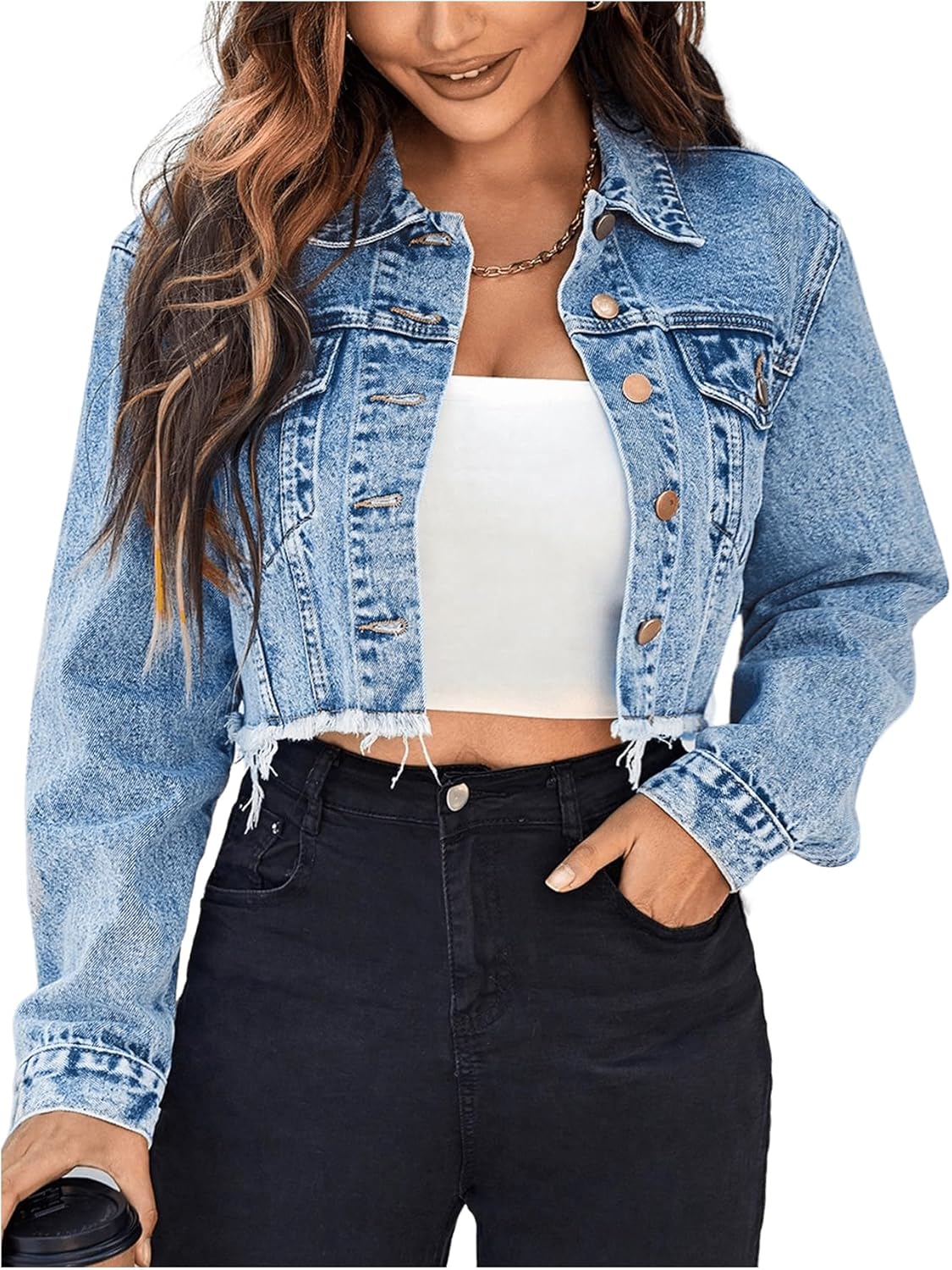 Cropped Denim Jean Jacket for Women with Raw Hem and Pockets