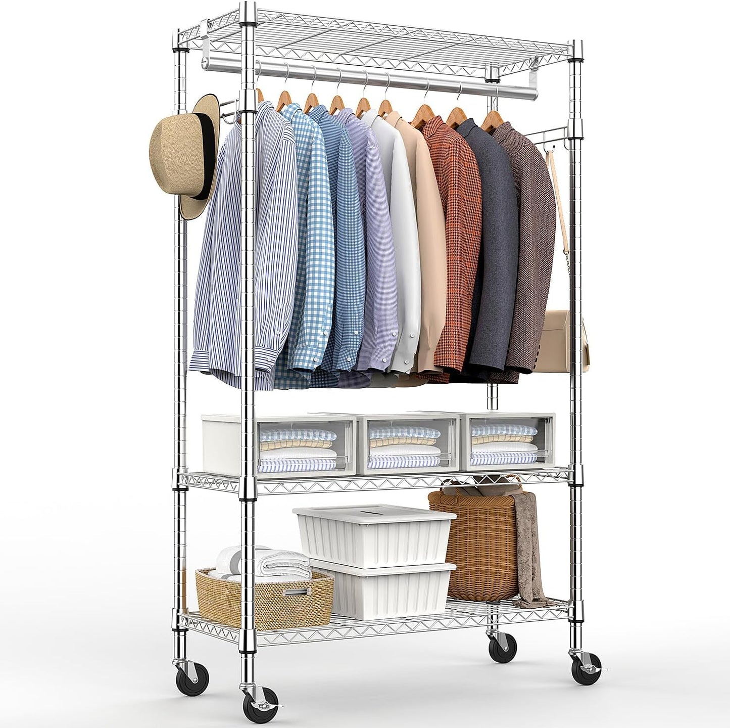Heavy Duty Rolling Garment Rack with Adjustable Shelving and Hooks