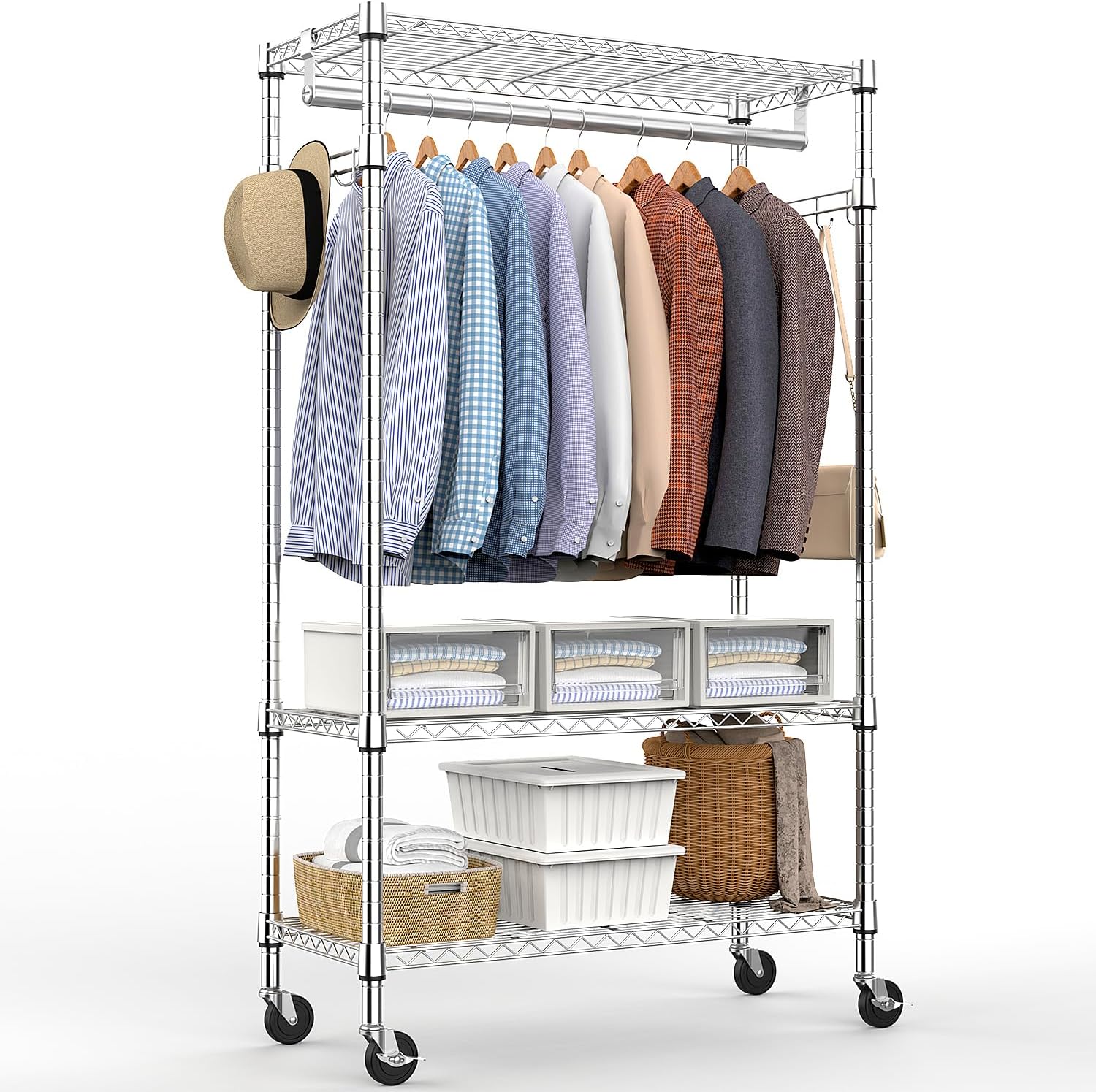 Heavy Duty Rolling Garment Rack with Adjustable Shelving and Hooks