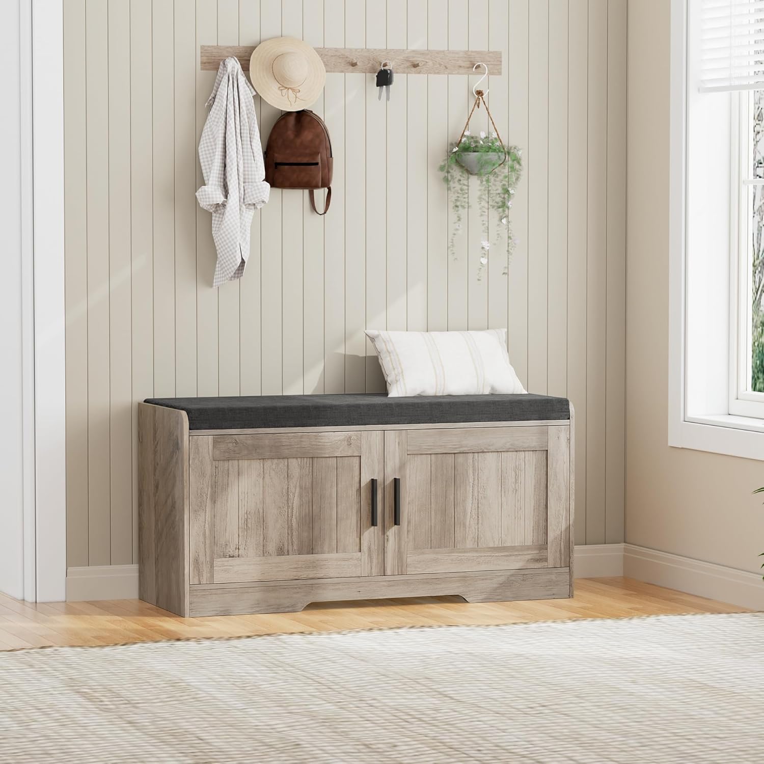 2-Tier Storage Bench with Thickened Padded Seat Cushion for Entryway
