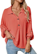 Women's Brown Ribbed Button Down Blouse - Casual Fall V Neck