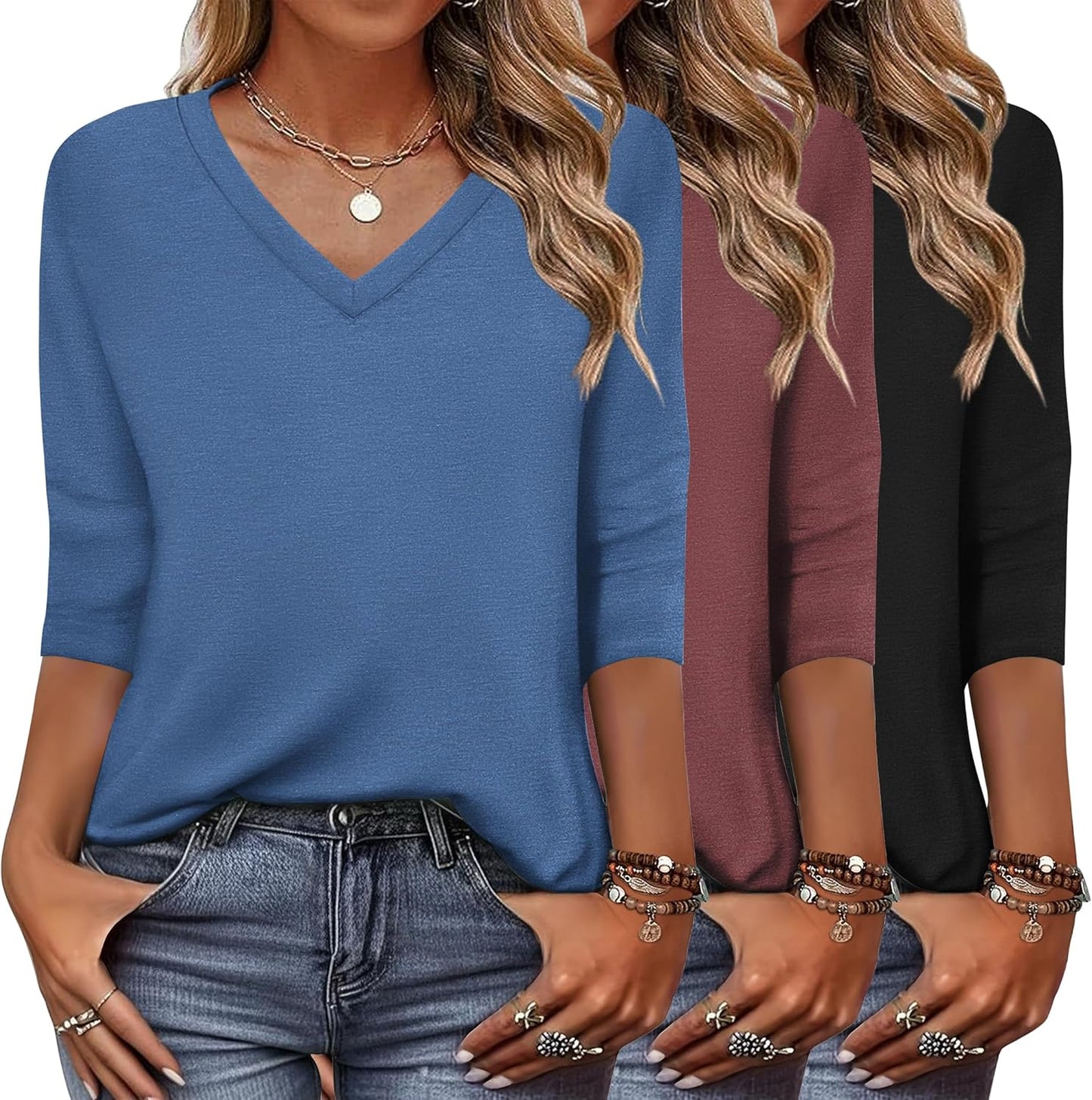 Zeagoo Women's 3/4 Sleeve V Neck T Shirts for Casual Outfits