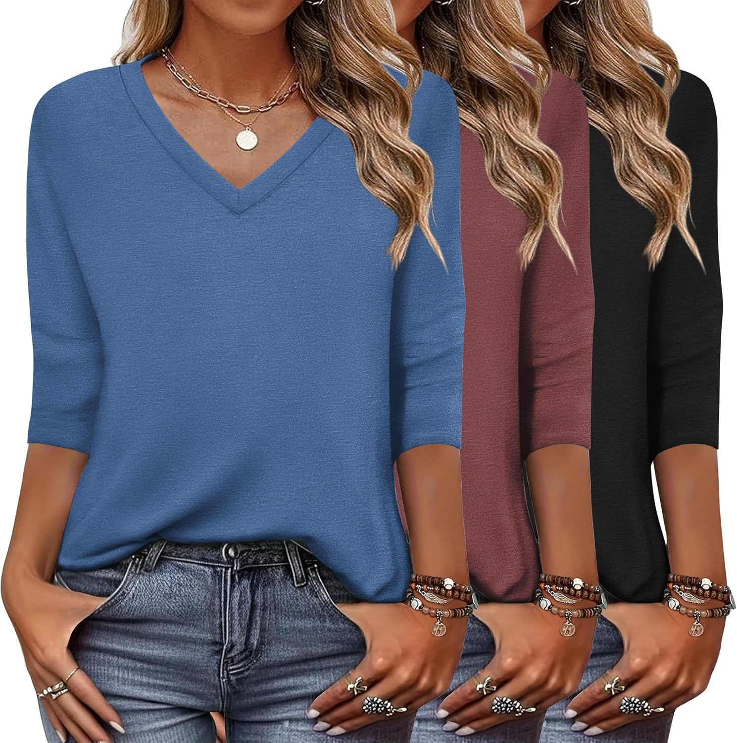 Zeagoo Women's 3/4 Sleeve V Neck T Shirts for Casual Outfits