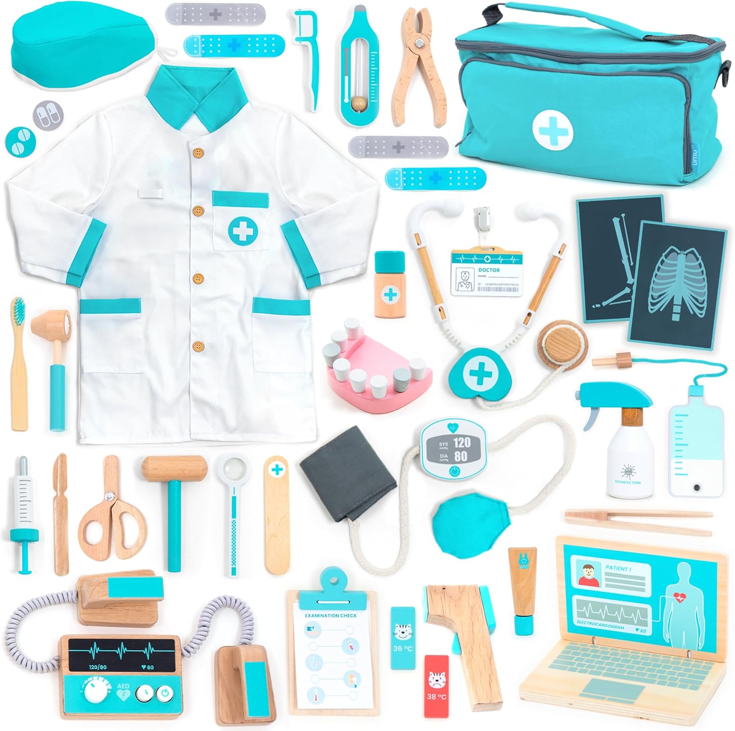 Deluxe Wooden Doctor Play Set for Kids - 37 Pcs Medical Kit