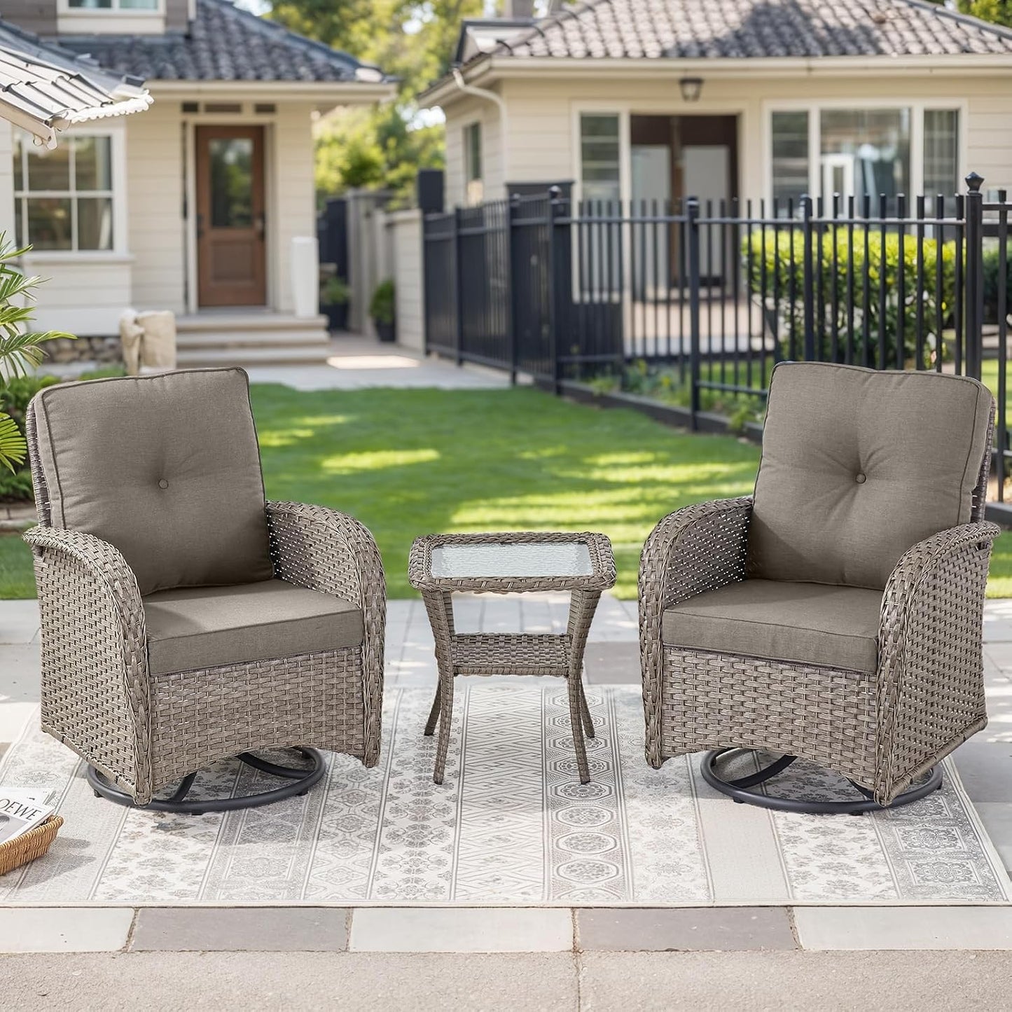 HUMMUH 3 Piece Outdoor Rocking Chairs Bistro Set for Relaxation