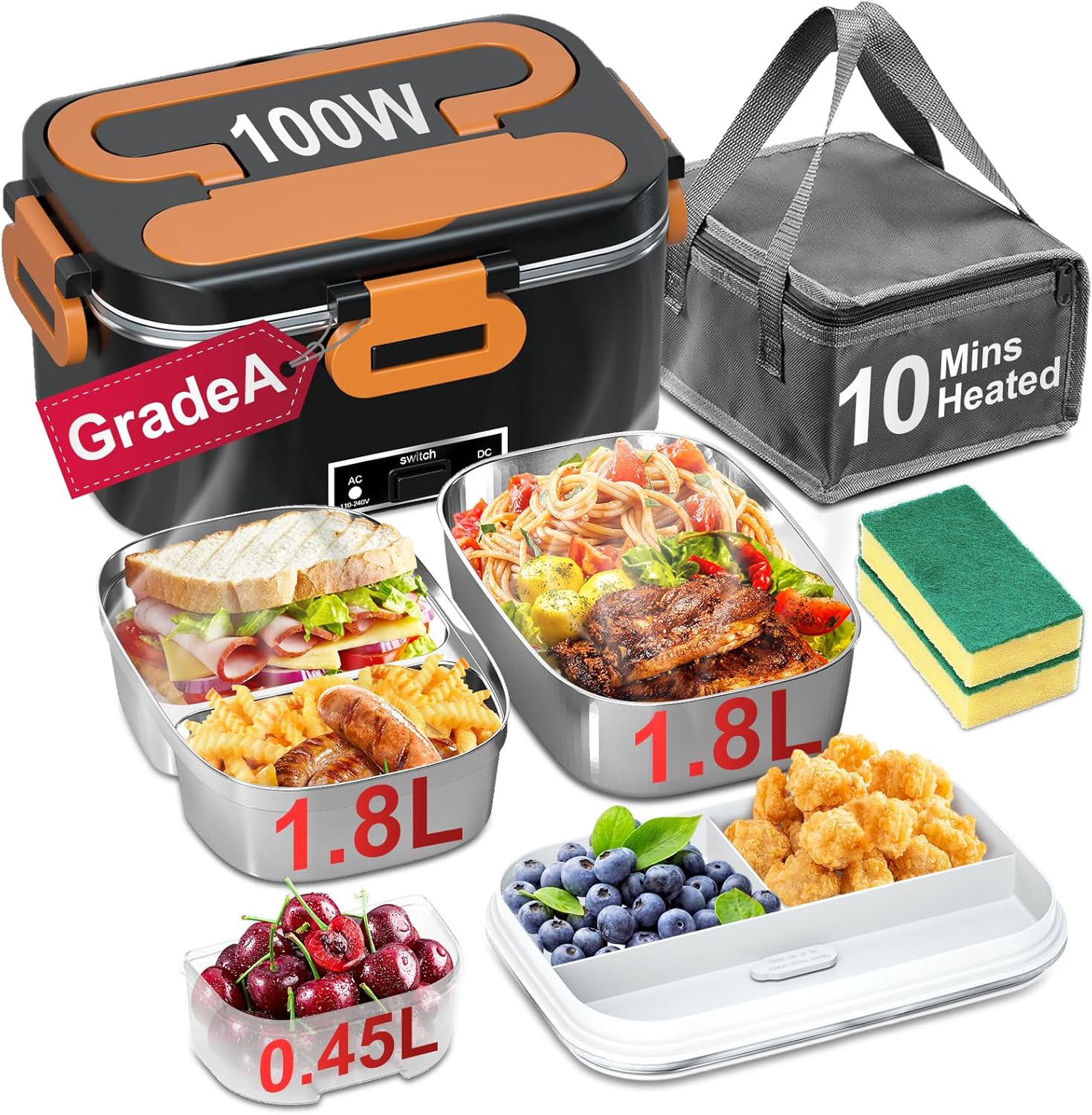 Electric Lunch Box for Adults - Fast Heating 1.8L Containers