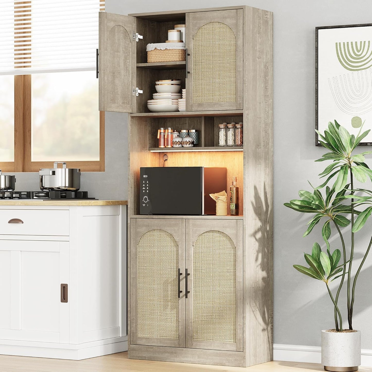 Oak Pantry Cabinet with LED Light - GarveeHome
