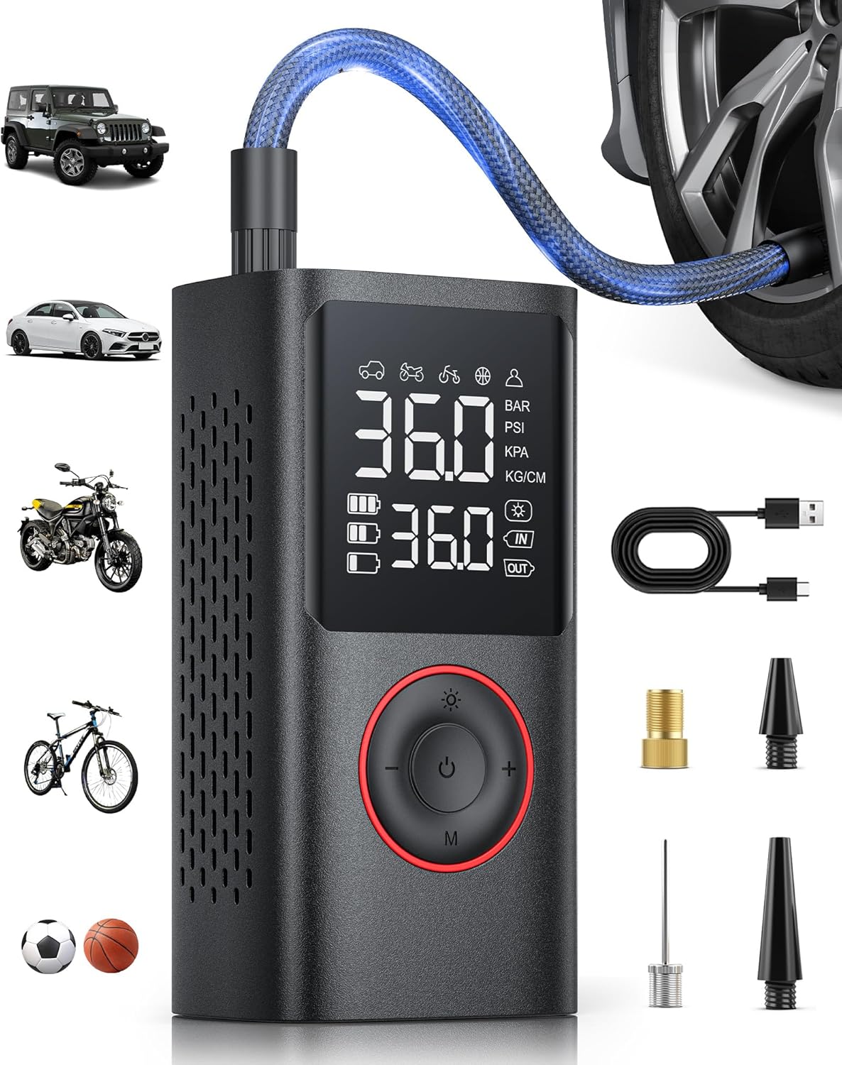 Portable Cordless Tire Inflator - 150 PSI Power, LED Light, Pressure Gauge