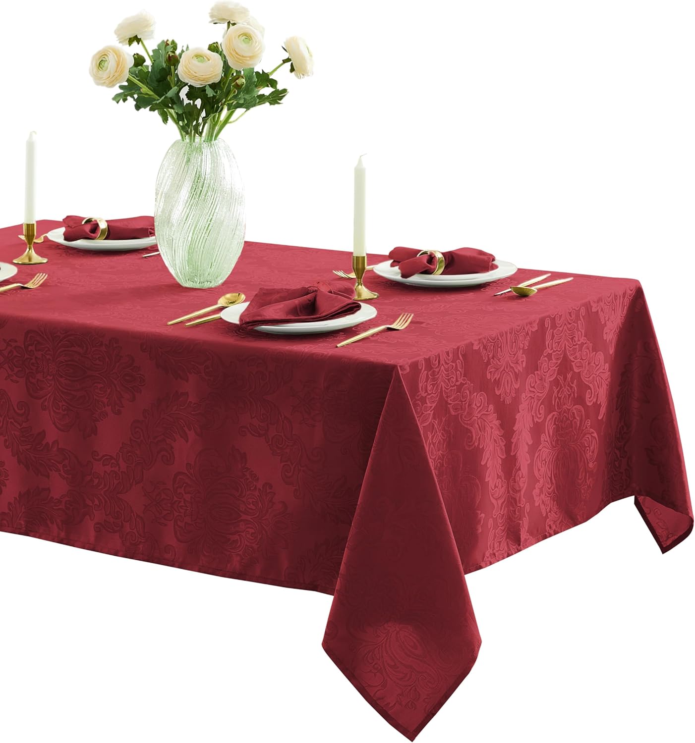 Barcelona Damask Fabric Tablecloth, Burgundy, 60 x 144 Inch
