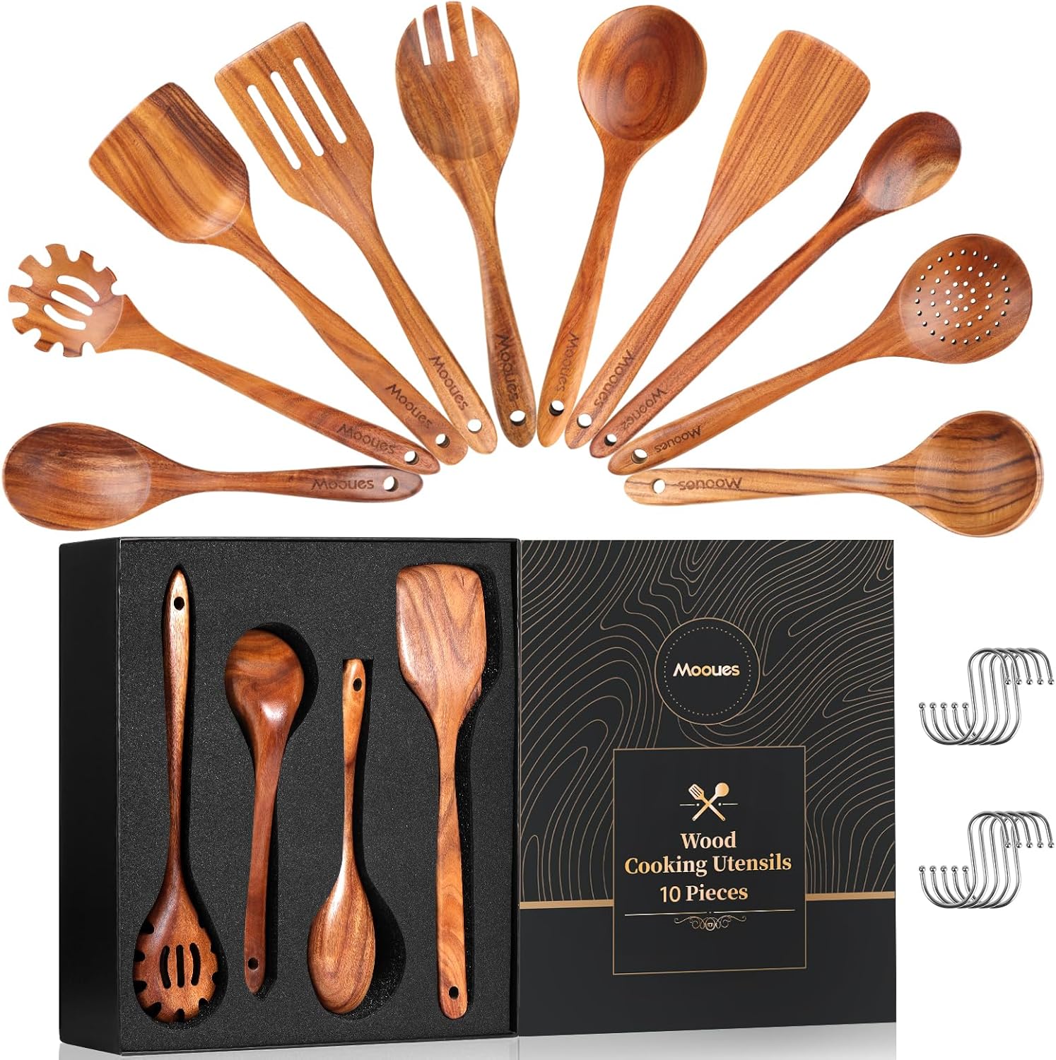 Wooden Spoons for Cooking - 10 PCS Teak Utensil Set Gift Box