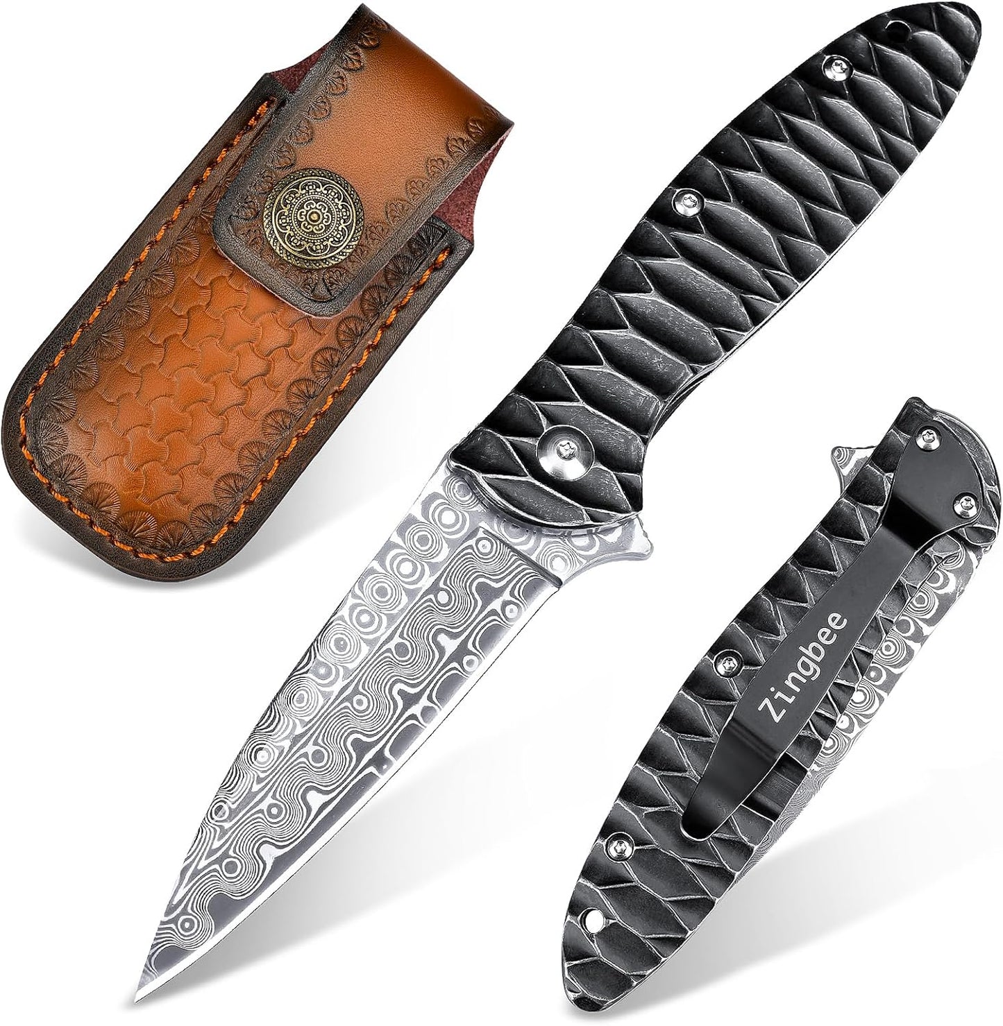 Damascus Pocket Knife with Stainless Steel Handle for EDC Use