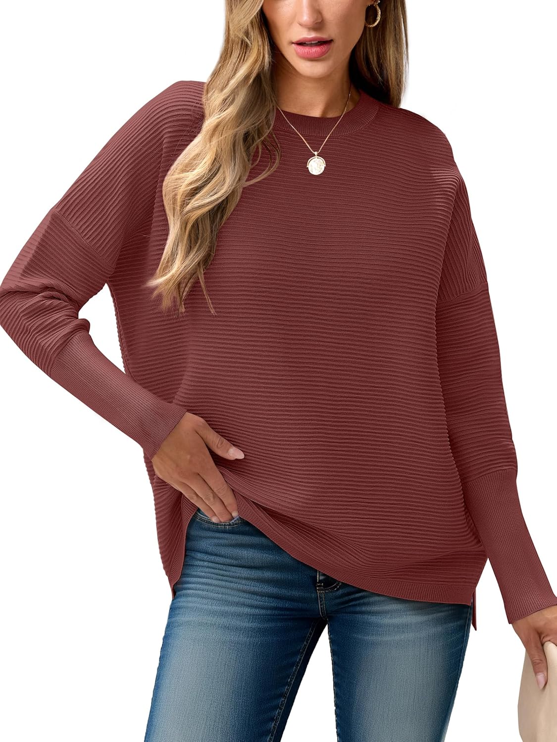 Oversized Batwing Long Sleeve Ribbed Knit Sweater for Women