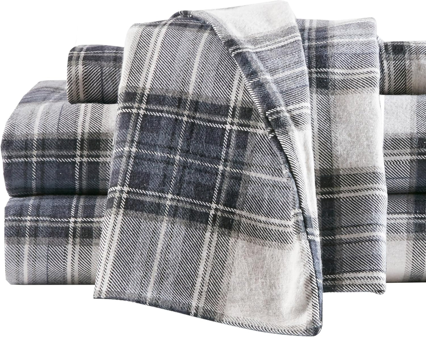 Comfort Spaces Cotton Flannel King Sheets Set in Blue Plaid