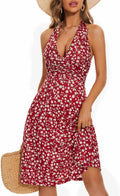 Women's Floral Halter Neck Sundress with Pockets - Ruffle Mini