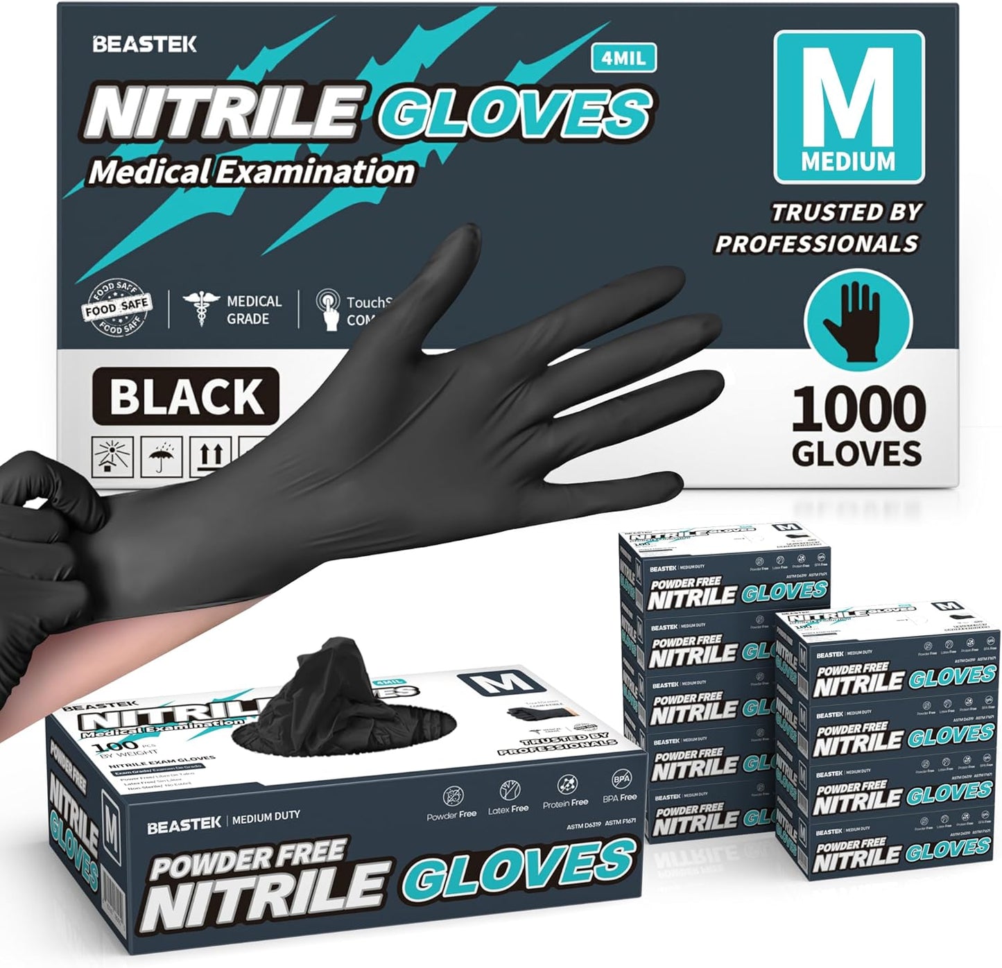 Beastek Nitrile Exam Gloves - 1000 Pcs Black Disposable Gloves