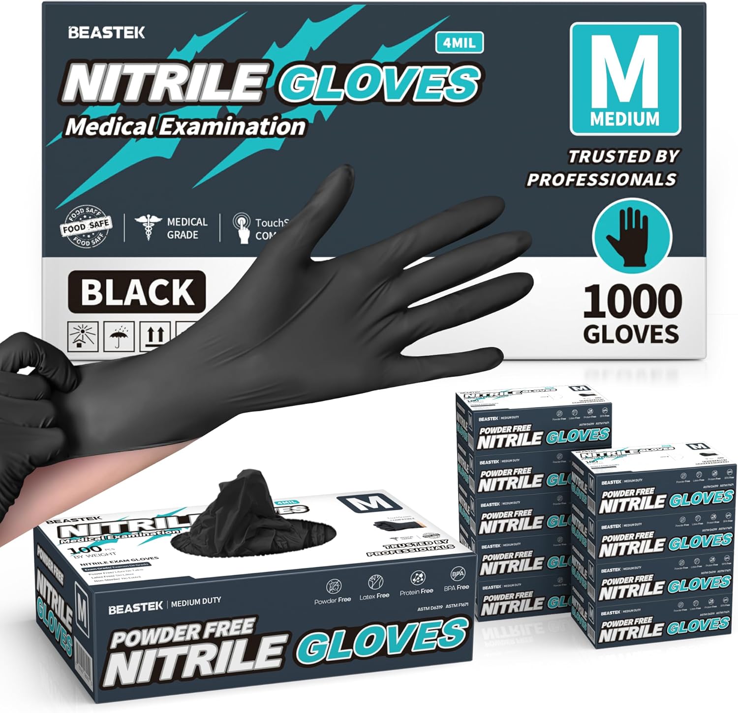Beastek Nitrile Exam Gloves - 1000 Pcs Black Disposable Gloves