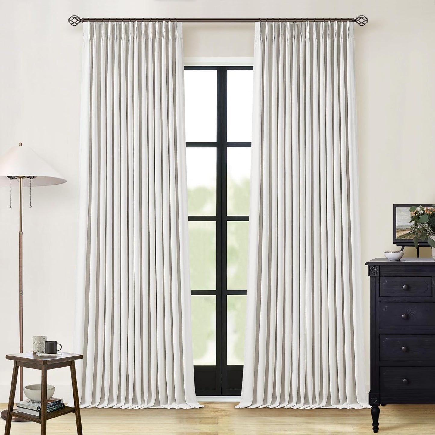 Beige White Pinch Pleated Full Blackout Curtains for Home