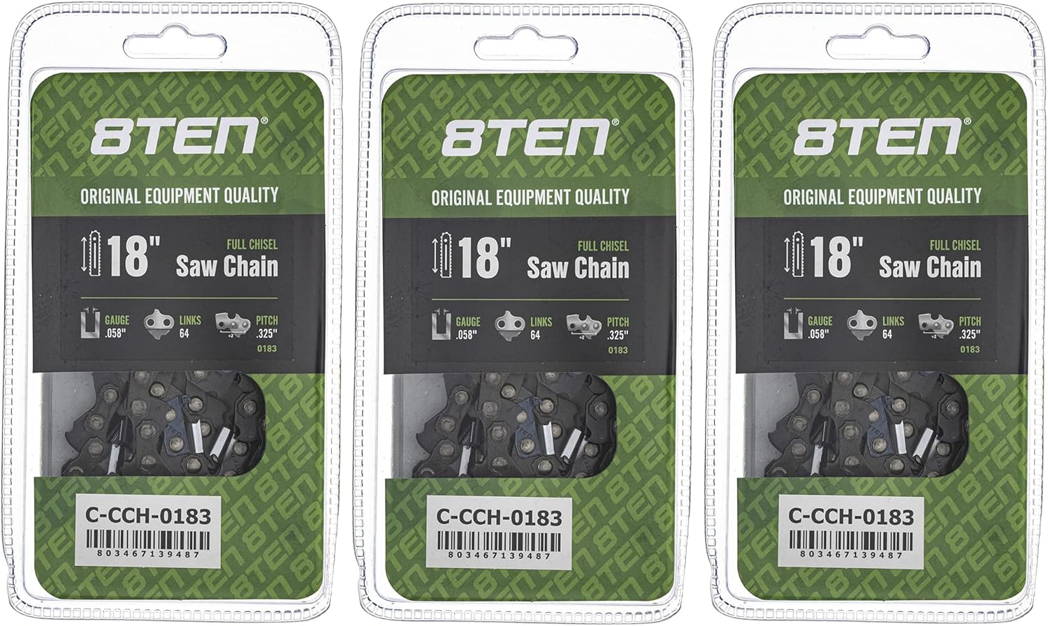 8TEN Full Chisel Chainsaw Chain 18 Inch .058 .325 64DL 3 Pack