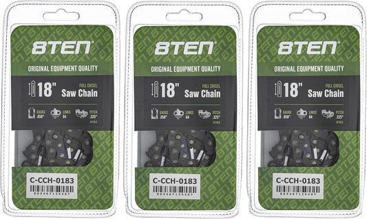 8TEN Full Chisel Chainsaw Chain 18 Inch .058 .325 64DL 3 Pack