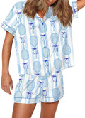 Satin Pajamas for Women Short Sleeve Button Down Set - Sport Print