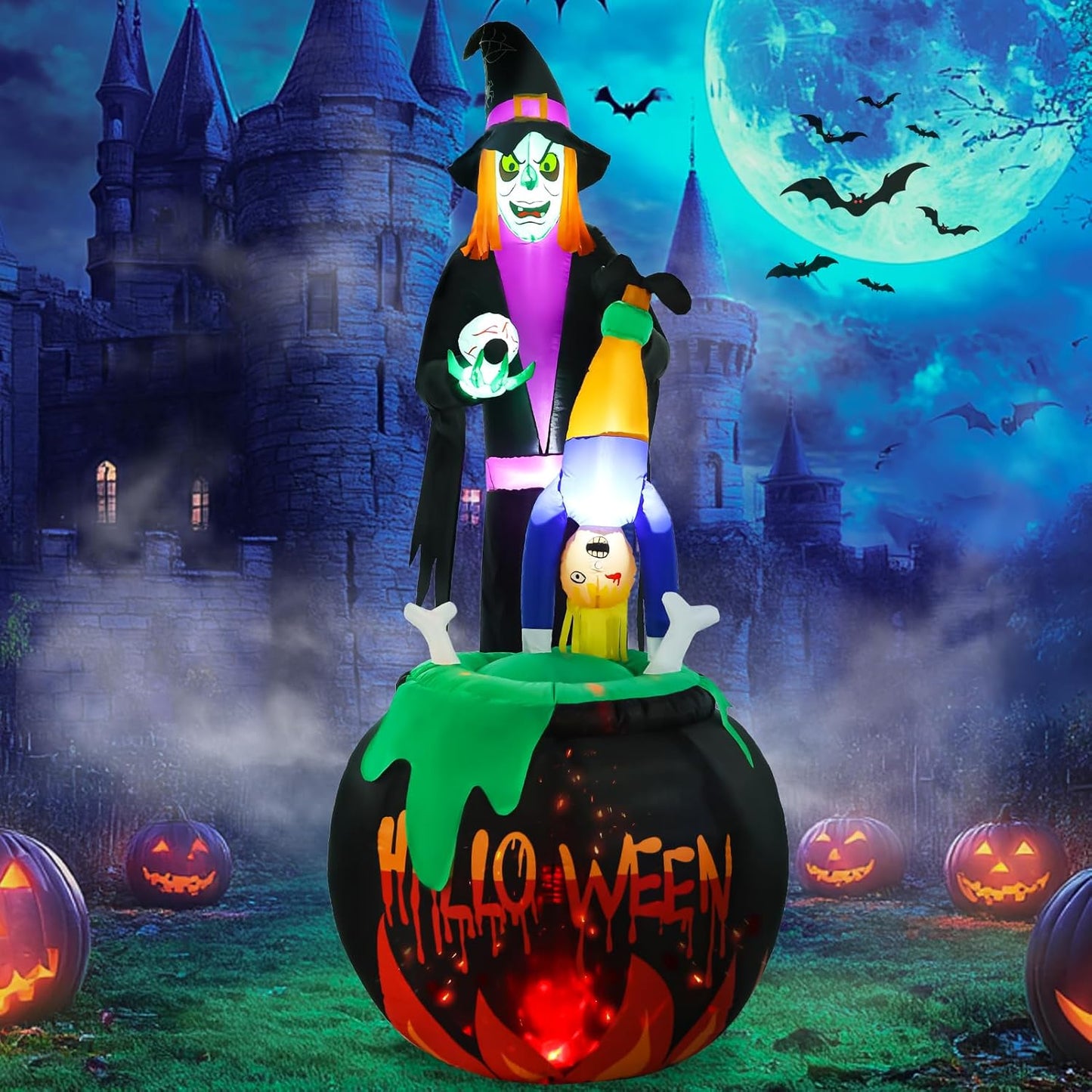8ft Halloween Inflatables Witch Blowup Yard Decor with LED Lights