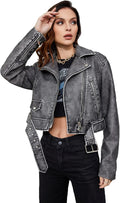 Women Faux Leather Cropped Jacket with Belt - Distressed Lapel Biker
