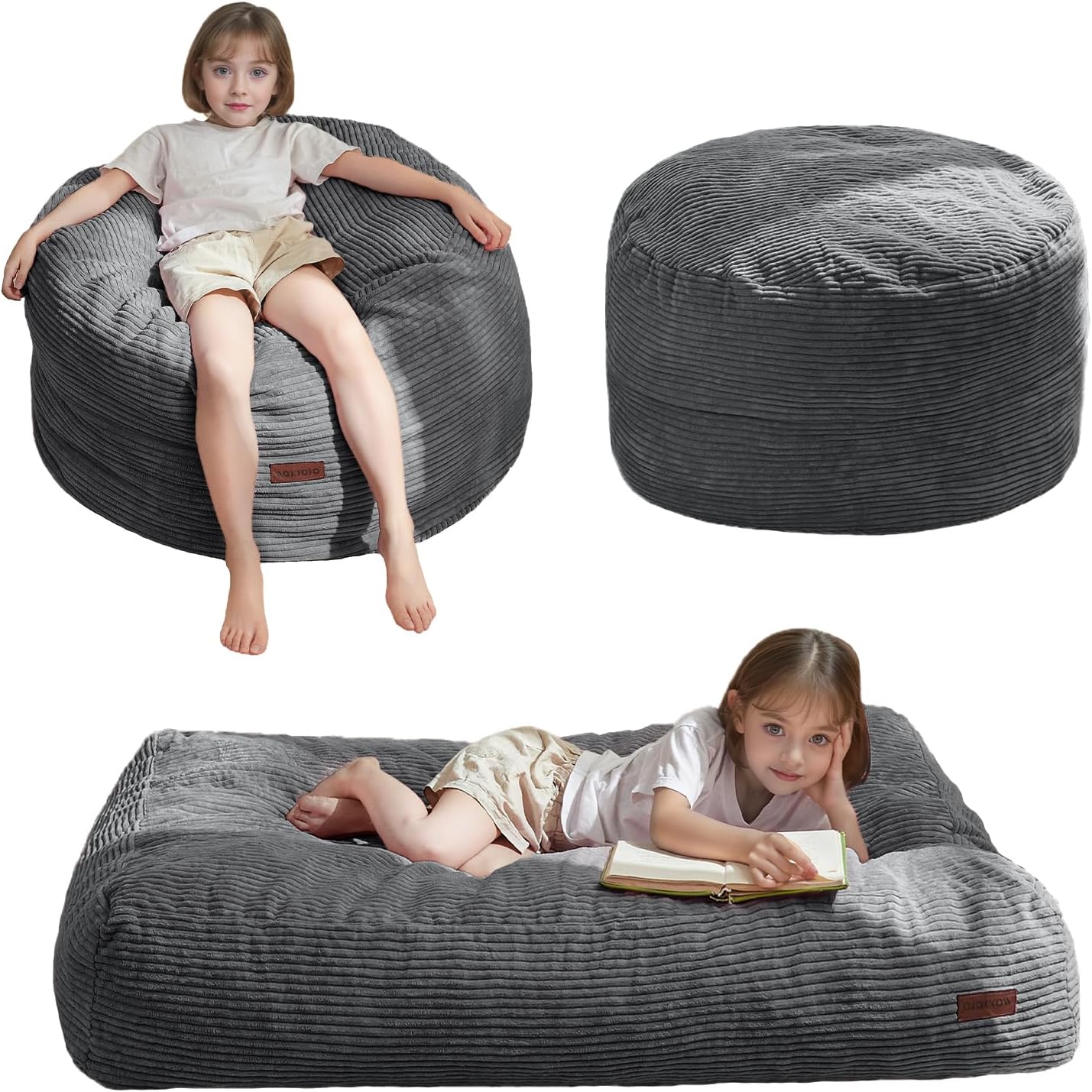 Convertible Kids Bean Bag Chair Bed, Machine Washable, Dark Grey