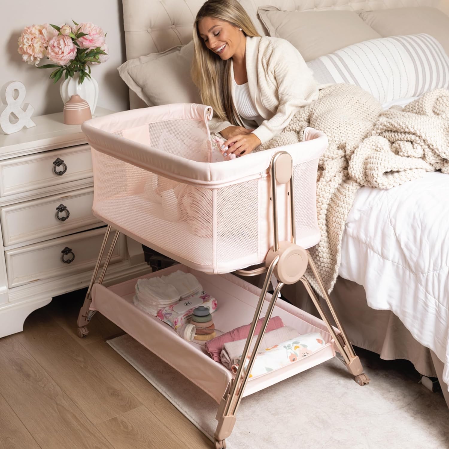 Baby Bedside Sleeper with Height Adjustment & Wheels for Comfort