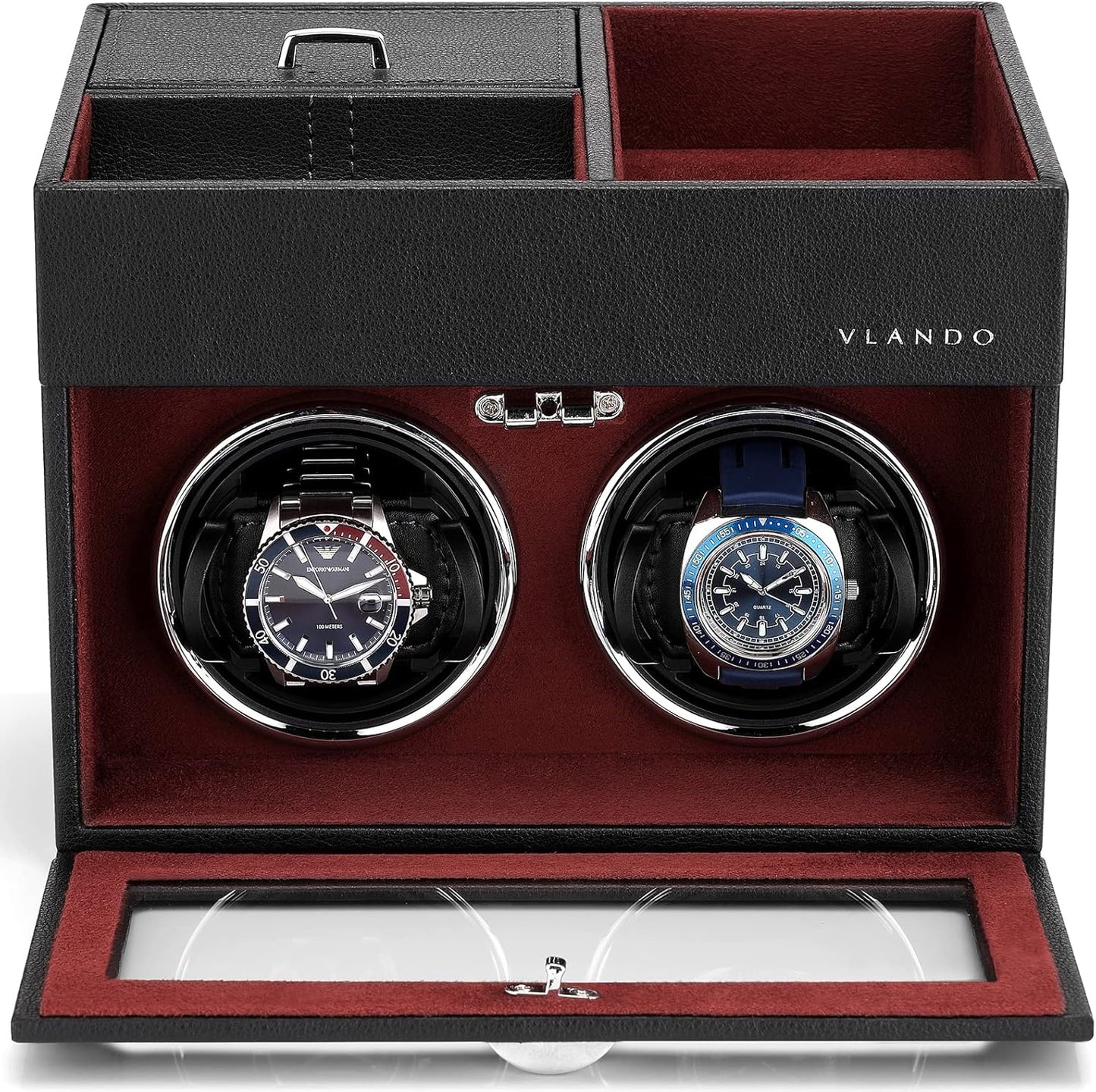 Vlando Red Double Watch Winder - Quiet Motor, LED Light