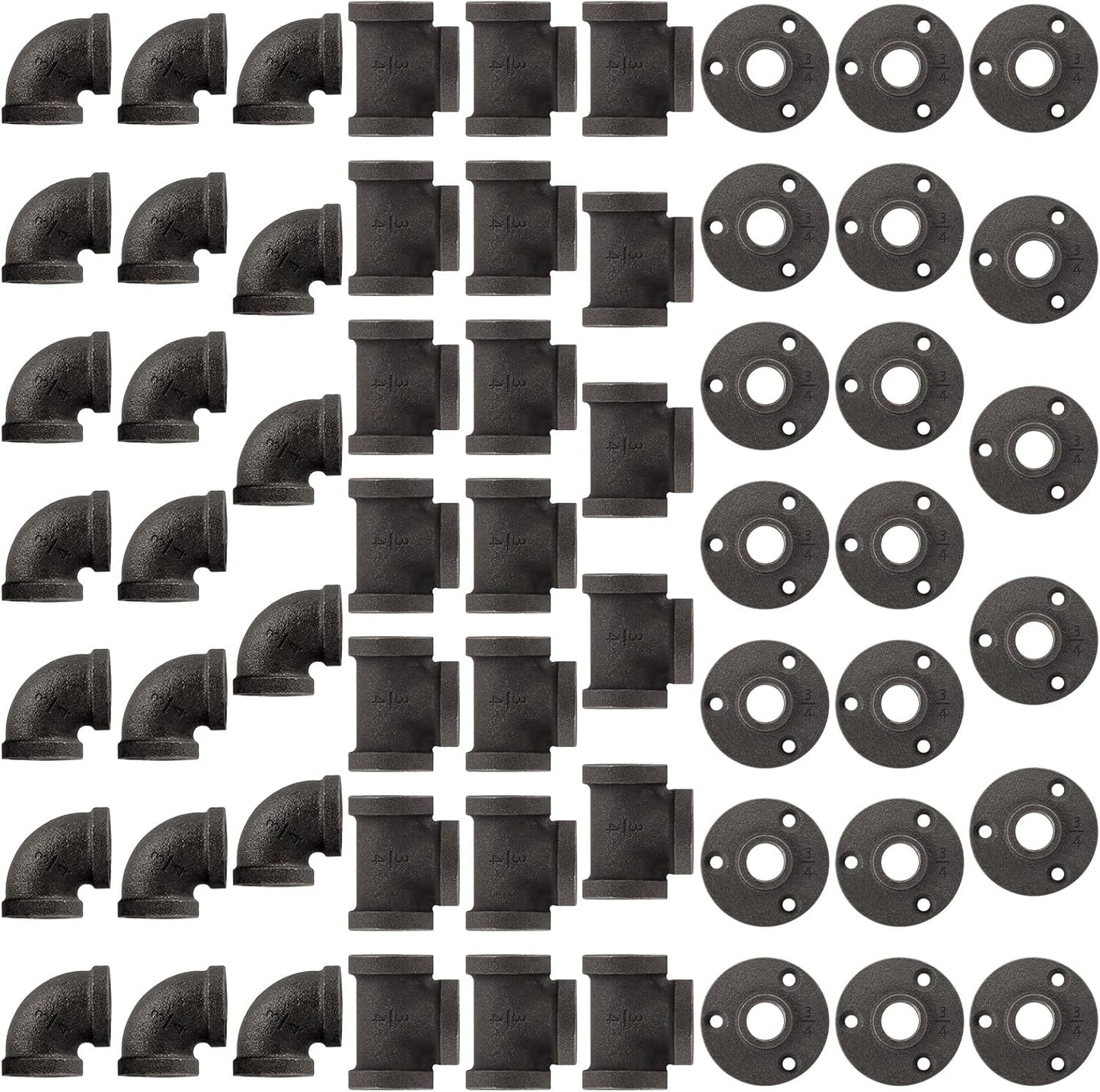 60 Pack 3/4 Inch Cast Iron Pipe Fittings for DIY Projects